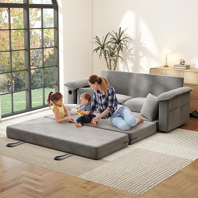 SUNWAVE Oversized Loveseat Sleeper Sofa 77 Convertible Sofa Bed 2-Seat Pull Out Couch w/USB Chenille Queen Folding Sofa Bed for Living Room Small Spaces Bedroom (Gray)