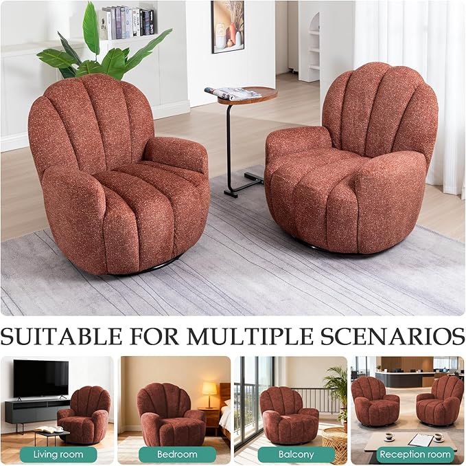 2 Pcs Mid Century Modern 360° Barrel Swivel Accent Sofa Chair Fluffy Cozy Linen Fabric Upholstery Lounge Upholstered Armchair Reading Chair Sturdy Base For Living Room Bedroom Office (Orange)
