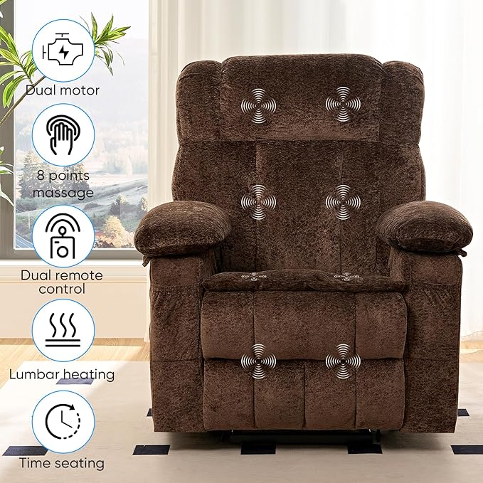 PUREMIND Power Lift Recliner Chair for Elderly Dual Motor Electric Recliner with Massage and Heat Ergonomic Massage Chairs with Side Pocket &amp Remote - Velvet Fabric Strong Support Brown