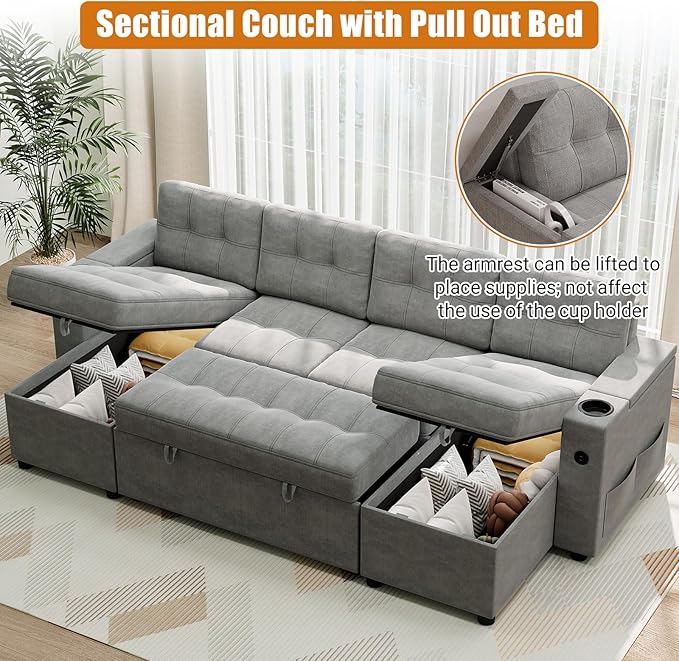 IDEALHOUSE U-Shaped Couches for Living Room Sofa Bed for Living Room with Reversible Storage Chaises and Hidden Storage Armrests Cup Holders and USB Charging Ports Included Light Grey