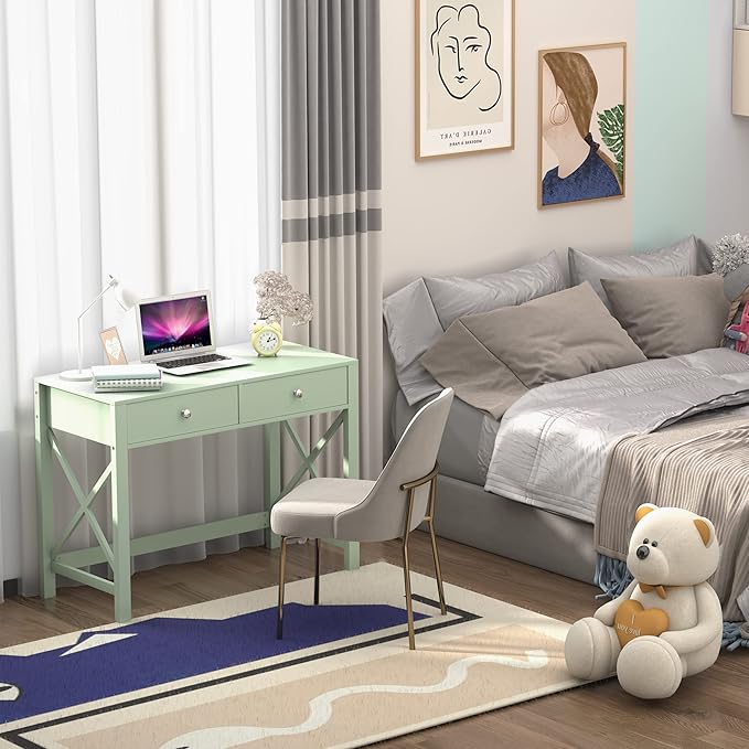 WiberWi Home Office Desk with Drawers Small Writing Computer Desk for Bedroom Modern Green Makeup Vanity Table for Girls Study Table for Home Office