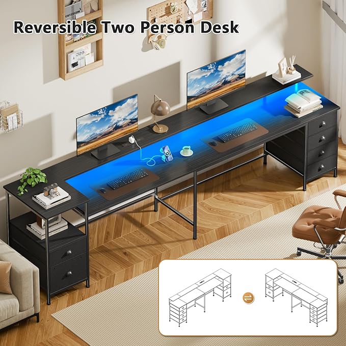 Furologee 95 Two Person Computer Gaming Desk Long 2 Person Home Office Desk with 6 Drawers &amp Storage Shelves Double Table with Power Outlets LED Lights and Full Monitor Shelf Black