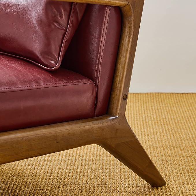 Glitzhome 2 Set Mid Century Red Accent Armchair Single Reading Armchair PU Leather Lounge Chair with Walnut Ruberwood Frame