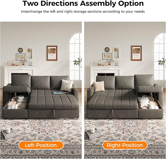 Fadware 89” L Shape Sofa Sleeper Sectional Sofa Bed with Hidden Storage&amp Side Pocket Anti-scratch Faux Leather Couch Bed with ChargePort&amp CupHolder Modern Piano Design Pull Out Couch for Li