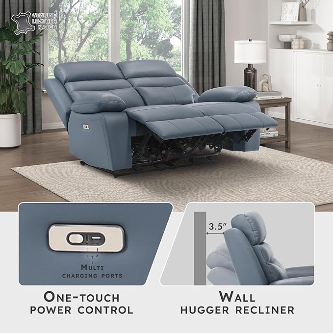 Lexicon 64 W Power Double Reclining Loveseat with USB Charging Port Wall Hugger Leather Match Reclining Love Seat for Living Room Apartment Easy Assembly Blue