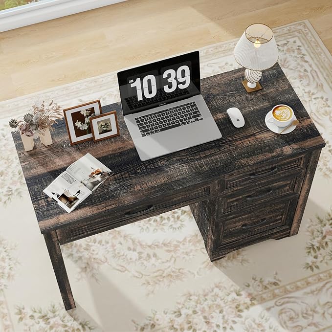 Farmhouse Executive Desk with Drawers Wood Computer Desk with Ample File Drawer Rustic Home Office Desk with Storage for Bedroom Living Room Dark Oak