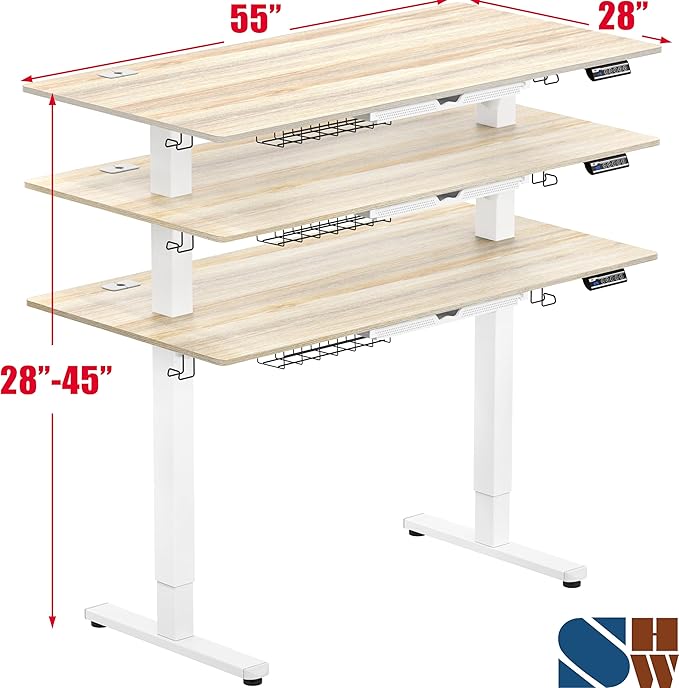 SHW 55 x 28 Inches Electric Height Adjustable Standing Desk with Drawer and Memory Preset Maple