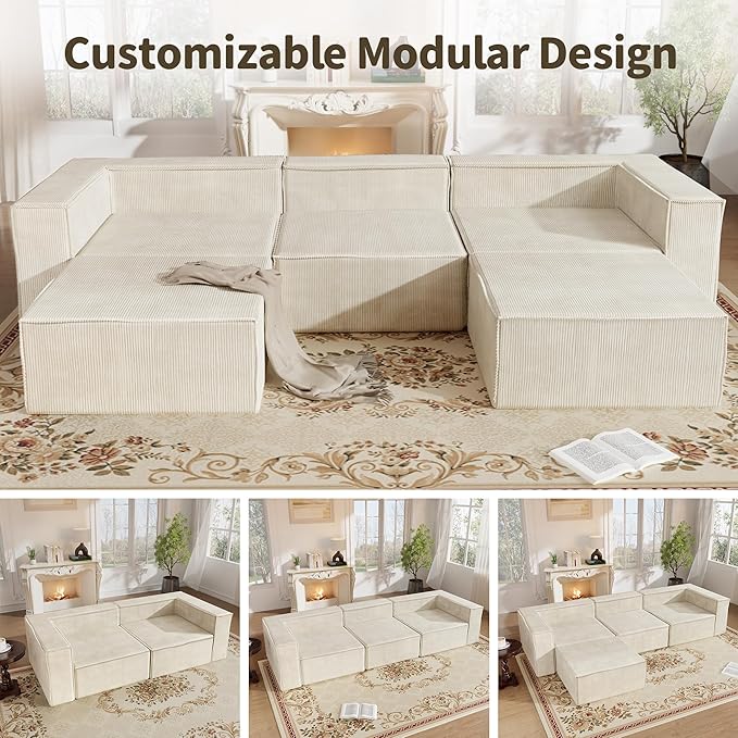 DONICK Premium Modern Modular Sectional Comfy Cloud Couch Corduroy Sofa with Deep Seat Upholstered Couches DIY Combination No Assembly Required for Living Room Bedroom Beige Armless