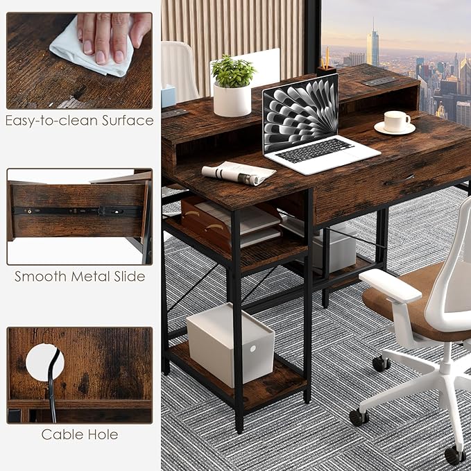 Tangkula Small Computer Desk with Power Outlets 42 Writing Desk with Hutch Drawer &amp 2 Open Shelves Gaming Table with Heavy-Duty Metal Frame for Home Office (Rustic Brown)