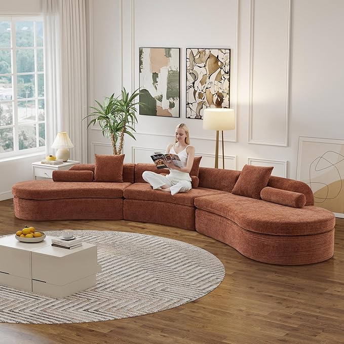 AVZEAR Curved Modular Sectional Sofa Chenille Upholstered Cloud 6 Seater Couch for Living Room No Assembly Modern Love Seat Sofa with 3 Bolster Pillows &amp 3 Square Pillows High-Density Foam Ora
