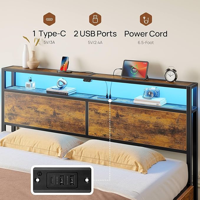 Rolanstar Queen Bed Frame with 4 Storage Drawers Charging Station and LED Lights Metal Platform Bed with 2-Tier Storage Headboard No Box Spring Needed Easy Assembly Noise-Free Rustic Brown