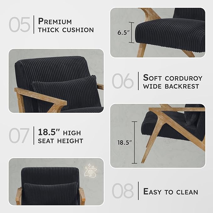 Lexicon Mid Century Modern Accent-Chair with Lumbar Pillow Brown Solid Wood Frame Comfy Corduroy Upholstered Lounge Arm Chair for Living Room/Bedroom/Office/Reading Nook Assembly Required Black