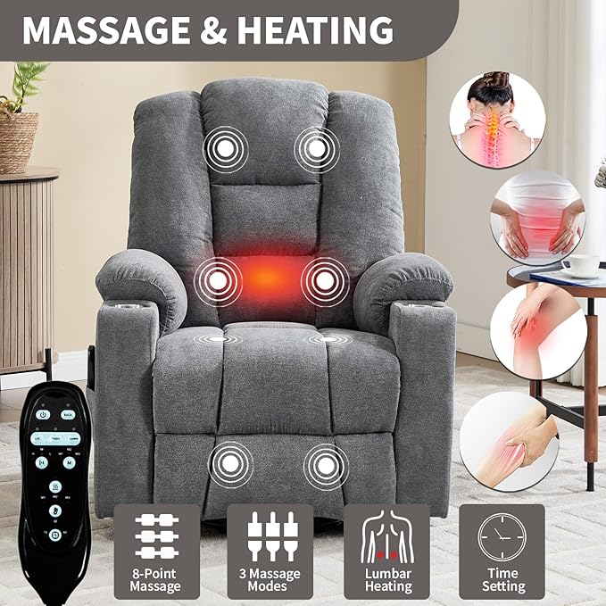 Power Lift Chair with Massage &amp Heat Electric Recliner Chairs for Adults Remote Control Sofa for Living Room Standing Assistance USB Ports Stainless Steel Cup Holders (Grey1)