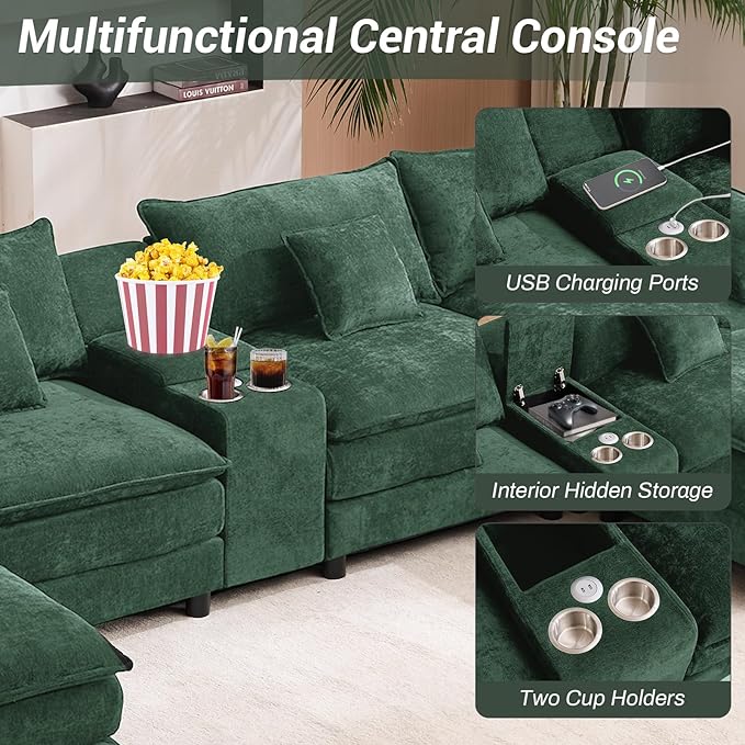 145 Oversized Modular Sectional Sofa U Shaped Cloud Couch 6 Seat Sofa Set for Living Room Comfy Fluffy Chenille Deep Seat with Storage Central Console Movable Ottomans Cup Holders USB Ports Green
