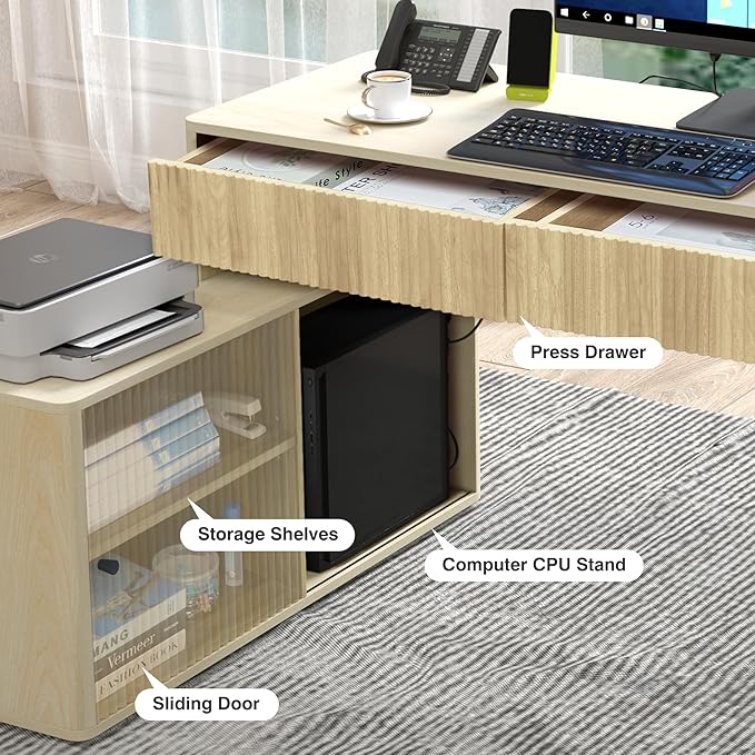 Modern Computer PC Desk Table with Storage Corner L Shaped Desk with Drawers Home Office Desk for Bedroom and Small Space for Writing Executive Study Work Vanity - Natural
