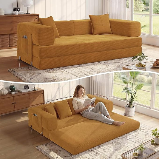 MoonSpeak 78.8''Sleeper Couch Bed for LivingroomConvertible Modular Sofa with Armrest PillowModular Foldable Corduroy Couches in a BoxNo Assembly (Yellow)