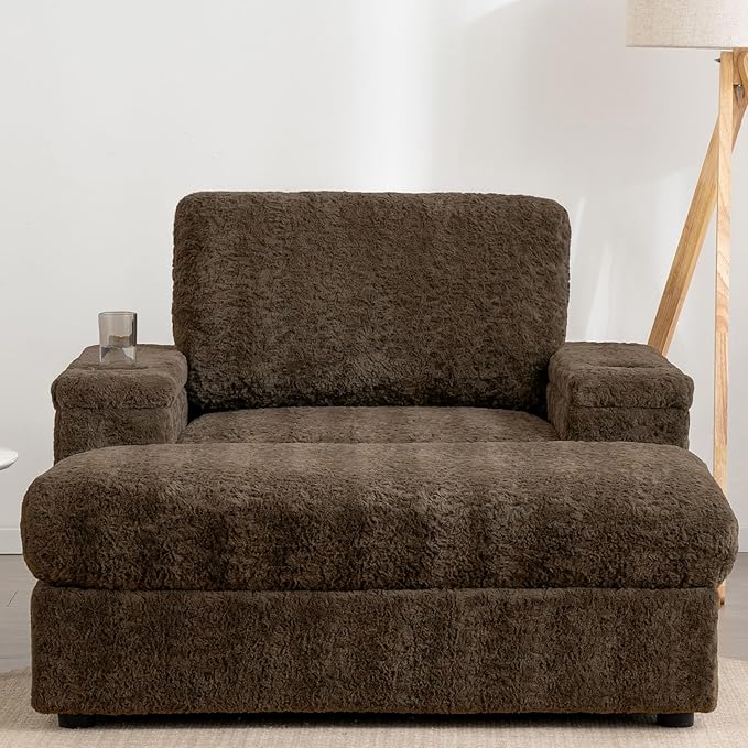 Oversized Chaise Lounge Chair Indoor with Storage Armrest &amp Ottoman Sleeper Chair with Cup Holder Deep Seat Faux Fur Upholstered Couch Sofa Bed Reclining Chair for Living Room Bedroom Brown