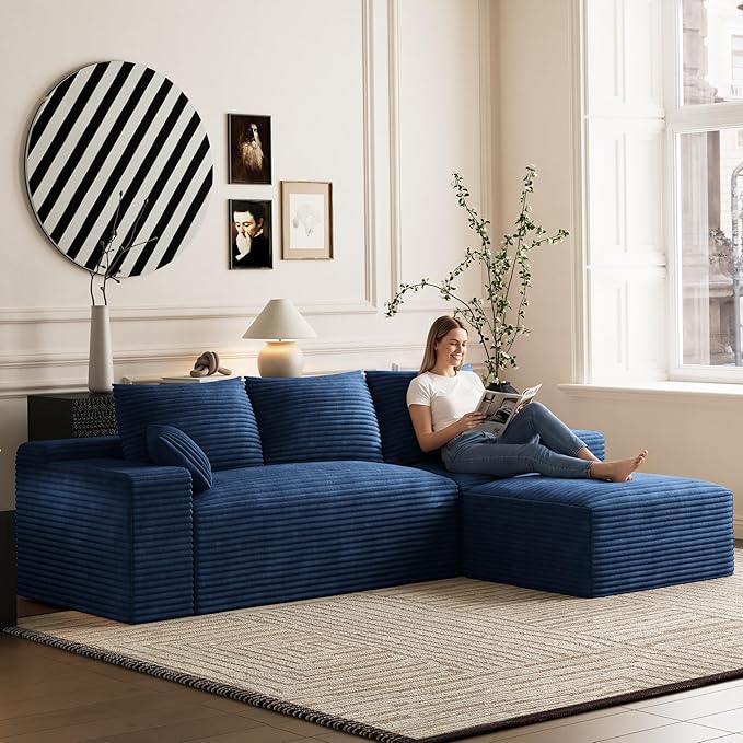 108 Boneless Couches for Living Room Comfy L Shaped Sectional Couches Modern Deep Seat Modular Sofa Cloud Fluffy Corduroy Couch with Movable Ottoman No Assembly Needed Blue