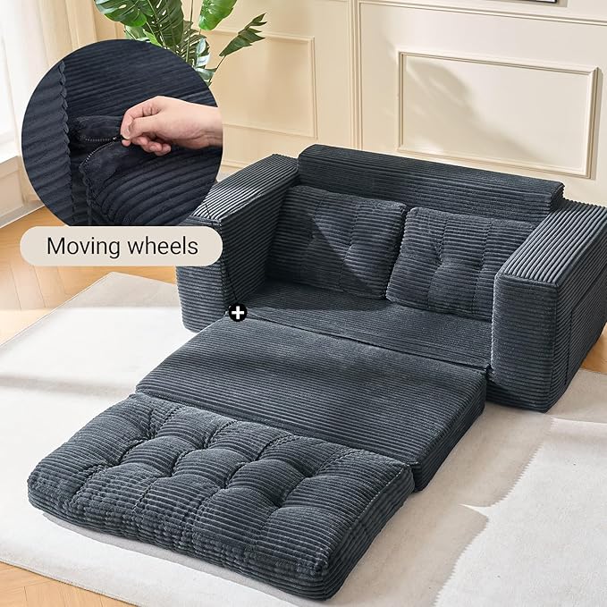 Fefances 66.93”Boneless Sofa Bed 2-in-1 Convertible Loveseat &amp Folding Futon Couch Small Space-Saving Design with Corduroy Fabric for Living Room Bedroom Studio Apartment - Black