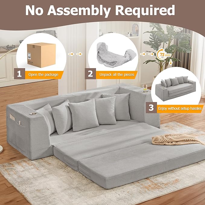 82 Oversized Loveseat Pull Out Sofa 2 in1 Convertible Loveseat Sofa with Pillows Corduroy Folding Couch Bed with Deep Seat Boneless Couch for Small Room No Assembly Required Light Grey