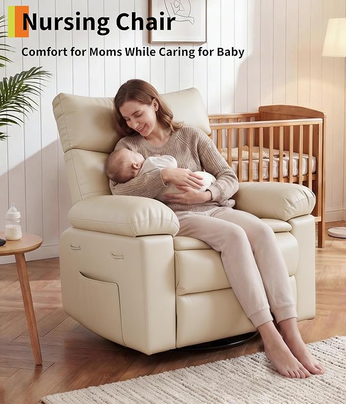 GarveeHome Oversized Leather Recliner Chair Swivel Rocker Manual Recliner for Adults Lazy Rocking Chair with Comfort Arms and Back Single Sofa for Living Room