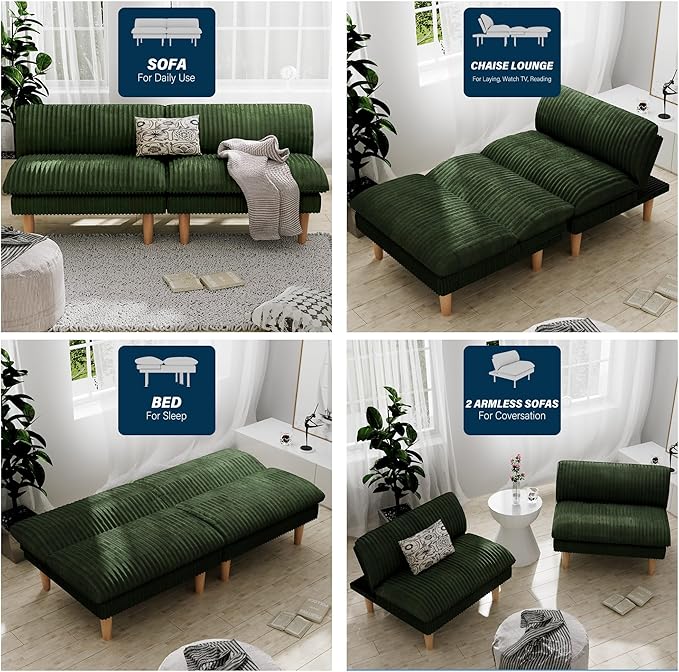 3 Sets 69 Futon Sofa Bed 4 in 1 Multi-Function Couch Sleeper with Adjustable Backrest Modern Convertible Futon Recliner Small Loveseat for Living Room Plush Green