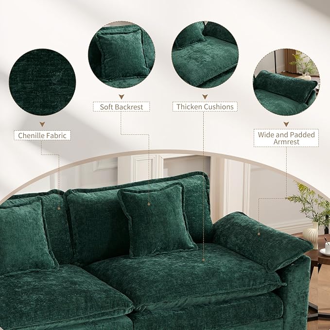 152.8 Modern Chenille Modular Cloud Sofa 4 Seater L Shaped Couch with Spring Cushions Featuring Deep Seats and Pillows Easy Assembly Comfy Large Sectional Couches for Living Room Green