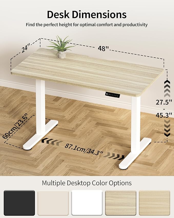 Okin Standing Desk Electric Adjustable Computer Desks Whole Piece Stand up Desk Office Gaming Home Office Memory Desks 48x24 inches Cream Pecans