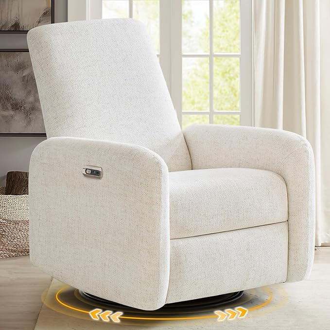 Power Recliner Chair Swivel Rocker Recliner w/USB &amp Type-C Charging Ports Chenille Upholstered Swivel Rocker Glider Recliner for NurseryLiving Room Bedroom 1PC Cream