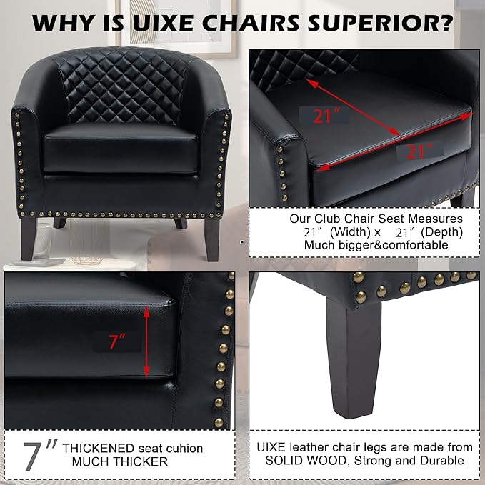 UIXE Faux Leather Barrel Accent Chairs Set of 2 Modern Club Upholstered Arm Chair Comfy Armchair Nailed Trim Living Room Single Sofa Reading Seat Bedroom Side Sitting for Office Black