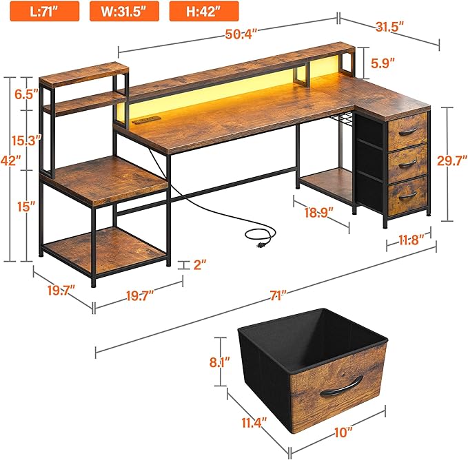 EnHomee 71 L Shaped Computer Desk with 3 Drawers &amp HutchReversible Gaming Desk with LED Lights &amp Power OutletHome Office Desks with Monitor Stand &amp Printer Shelf for Student School Rust