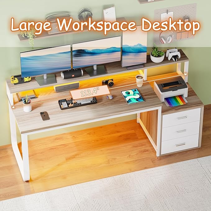 HOMBCK 67 Computer Desk with 3 Drawers Home Office Desk with Long Monitor Stand and Printer Space Office Desk with Storage &amp LED Lights Writing Desk with Drawers Walnut and White