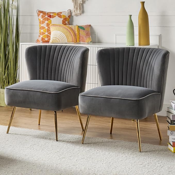 HULALA Home Velvet Accent Chair Set of 2 Modern Armless Upholstered Side Chair with Glam Gold Metal Legs for Vanity Living Room Bedroom - Grey
