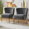 HULALA Home Velvet Accent Chair Set of 2 Modern Armless Upholstered Side Chair with Glam Gold Metal Legs for Vanity Living Room Bedroom - Grey
