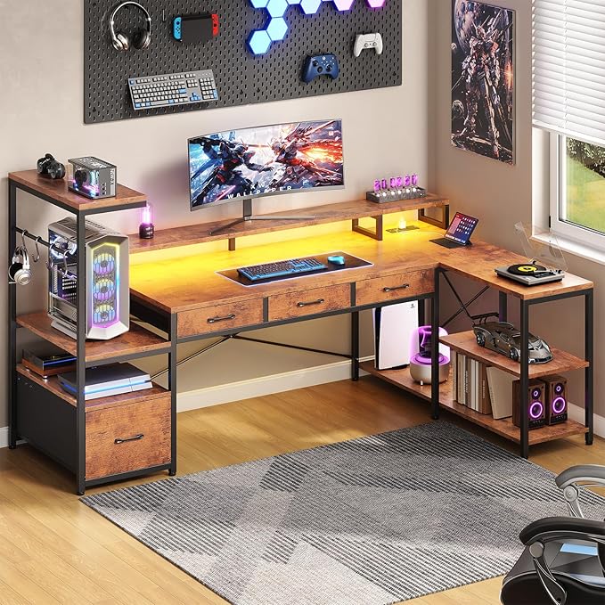 SEDETA 59Inch L Shaped Gaming Desk with PC Display Stand Reversible Computer Desk with Storage Shelves 4 Drawer &amp LED Lights Modern Gamer Desk Table with Power Outlet Monitor Stand Rustic Bro