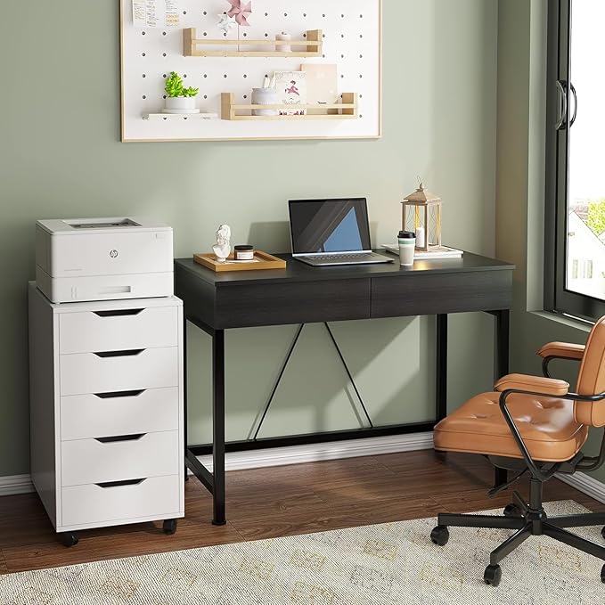 CAIYUN Small Computer Desk with Drawers 39.4 Inch Home Office Desks with Storage Simple Modern Kids Desk Vanity Desk for Bedroom Work Study Writing Desk Table for Small Spaces (Black Wooden)