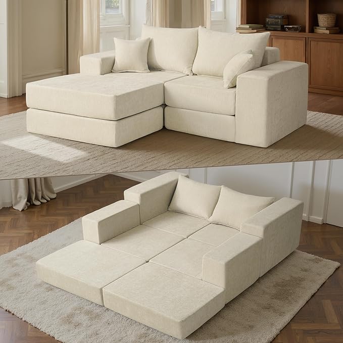 Modular Sectional Sofa with Convertible Sleeper Chenille Fabric 2-in-1 Couch Bed with Reversible Chaise Adjustable Modular Sofas for Living Room Beige