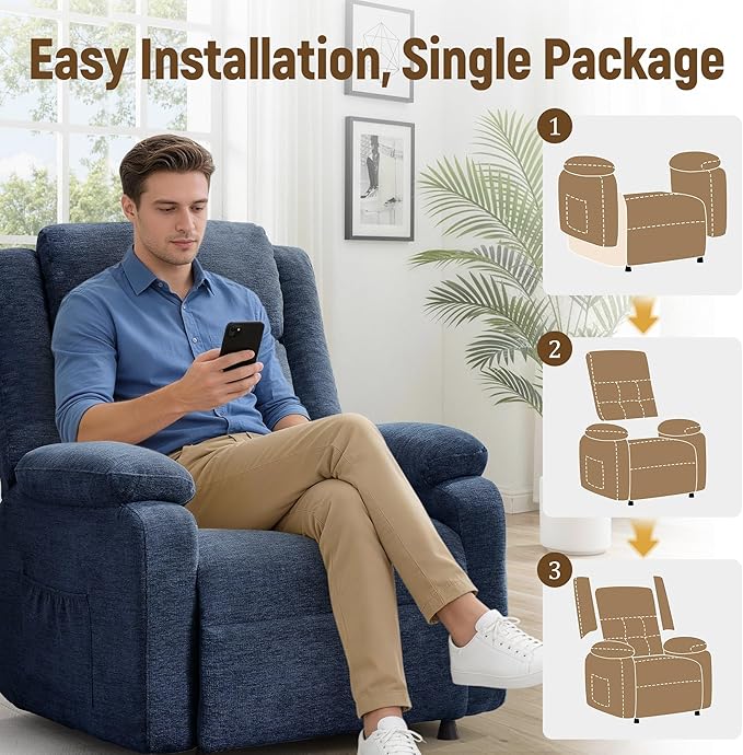 Power Recliner Chair Living Room Chairs for Adults Oversized Electric Recliner with Side Pockets Chenille Fabric Reclining Chair for Living Room Bedroom