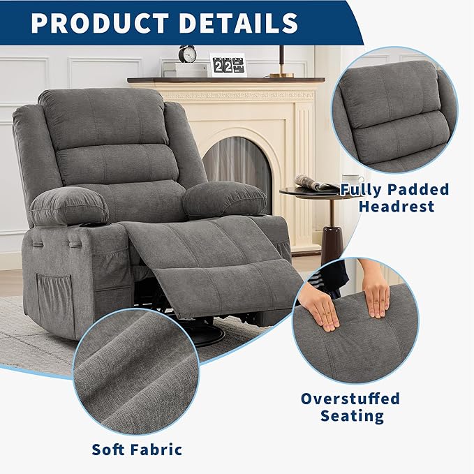 360° Swivel Recliner Chair for Adult Linen Rocker Chair with 3 Positions/2 Side Pockets/Cup Holders Manual Nursery Glider Rocking Chair for Bedroom Living Room Office