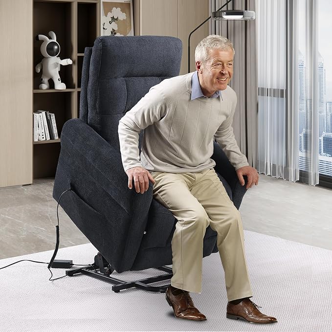 Power Lift Recliner Chair Electric Power Lift Recliner Chair for Elderly Single Seat Chenille Reclining Sofa with Side Pocket for Bedroom Living Room Office (Black)