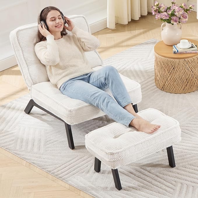ANJ 3-Position Adjustable Accent Floor Chair with Ottoman Ergonomic Stable Lounge Chairs for Adults Thick Cushioned Comfy Reading Chair with Footrest for Living Room Bedroom White