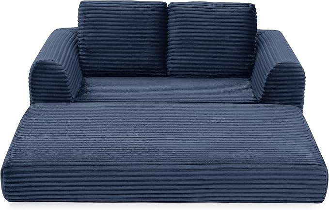 63 Corduroy Boneless Couch 2-Seater Compression Sofa with 2 Throw Pillows No Assembly Required Comfy Loveseat Sofa in a Box Modern Couches for Living Room (Blue 63 inch &amp Pull-Out Bed) | Bre