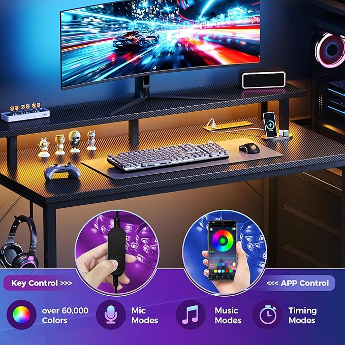 DUMOS L Shaped Gaming Desk with Shelves Storage Drawers 52'' Black Computer Desks with LED Lights Power Outlets Office Wood Table with PC Stand Cable Management for Bedroom Dual Monitor Streaming