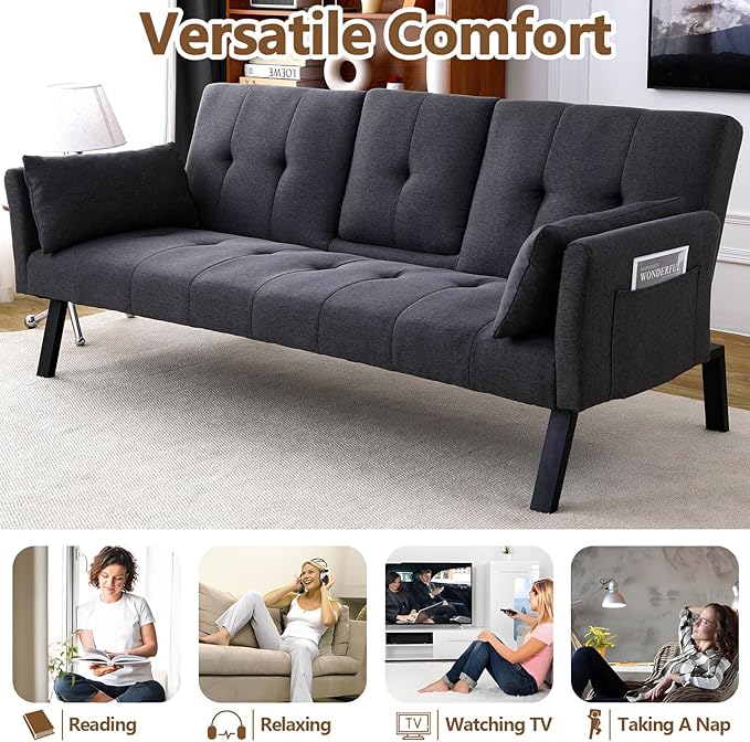 72 Cotton Linen Futon Couch Living Room Couch Bed Convertible Sleeper Sofa Bed with Cup Holder for Bedroom Guest Bed 2 Seater Reclining Sofas Couches with Nailhead Trim for Small Space (DARK GREY)