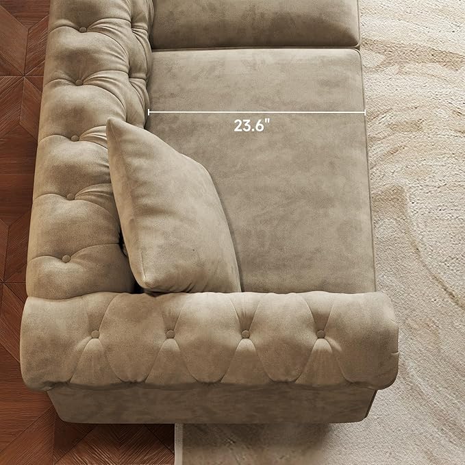 ONBRILL 82 Inch Chesterfield Sofa 23 Inch Deep Seat Velvet Couch for Living Room Button Tufted Couch with Rolled Arms 2 Throw Pillows Comfy Vintage Loveseat Sofa for Apartment Taupe