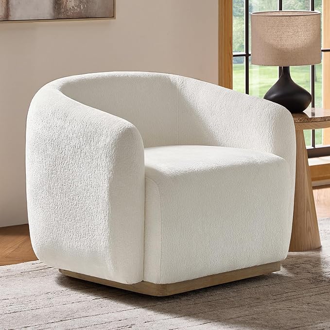 HULALA HOME Swivel Accent Chair with Solid Wood Base Chenille Curved Swivel Barrel Chair Modern Club Armchair Upholstered Single Sofa for Living Room No Assembly Required Ivory