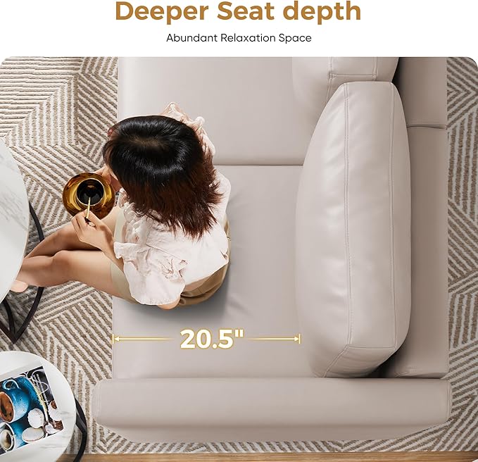 ABCASA 64.6 Faux Leather Loveseat Sleeper Sofa Bed with Storage Seat Modern Modular Sectional Couch Deep Seat with Reversible Chaise 2-Seat Whitesand for Apartment Living Room Bedroom