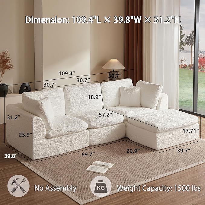 110 Cloud Sectional Couches for Living Room Modern Modular L-Shape Sofa Couch with Chaise 3 Seater Modular Sectional SofaNo Assembly Required (White)