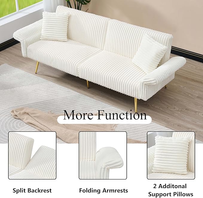 79'' White Futon Sofa Bed Corduroy Upholstered Folding Loveseat Couch with Adjustable Backrest and ArmrestsSleeper Sofa with Gold Metal Legs for Small Space Living Room (White)