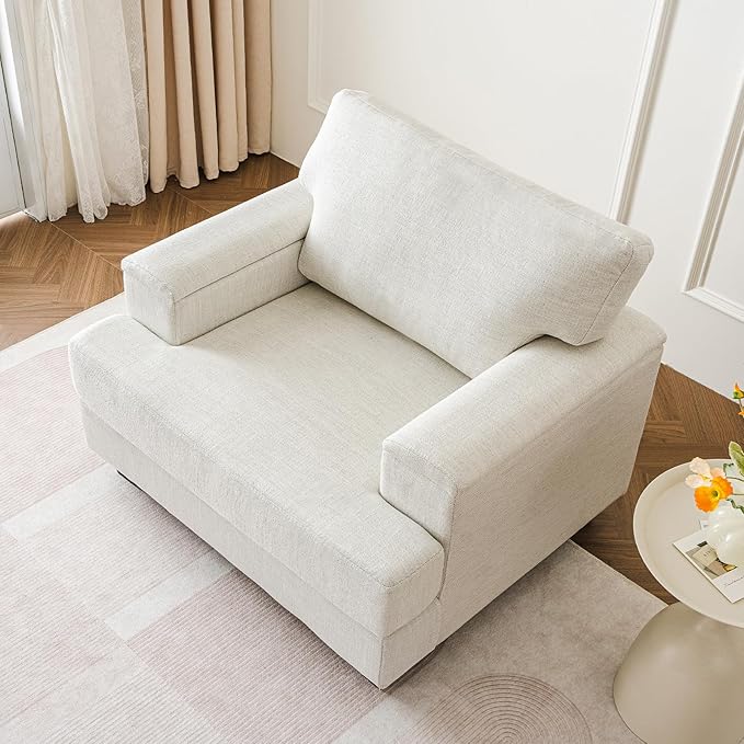 Oversized Accent Chair with Armrest OrganizerComfy Living Room Chairs with Thick CushionUpholstered Linen Fabric ArmchairBig Reading ChairSofa Chair for Bedroom